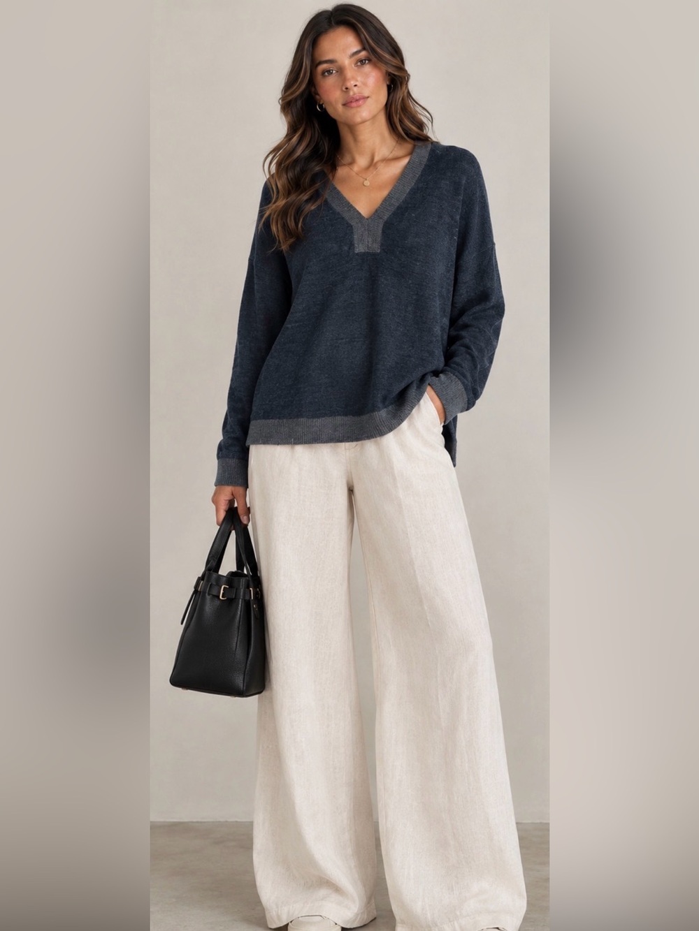 Barefoot Dreams Navy V-Neck Sweater with Heather Gray Trim PM